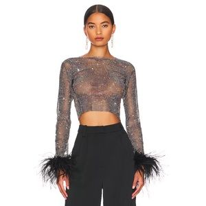 Santa Brands black crystal embellished feathers top